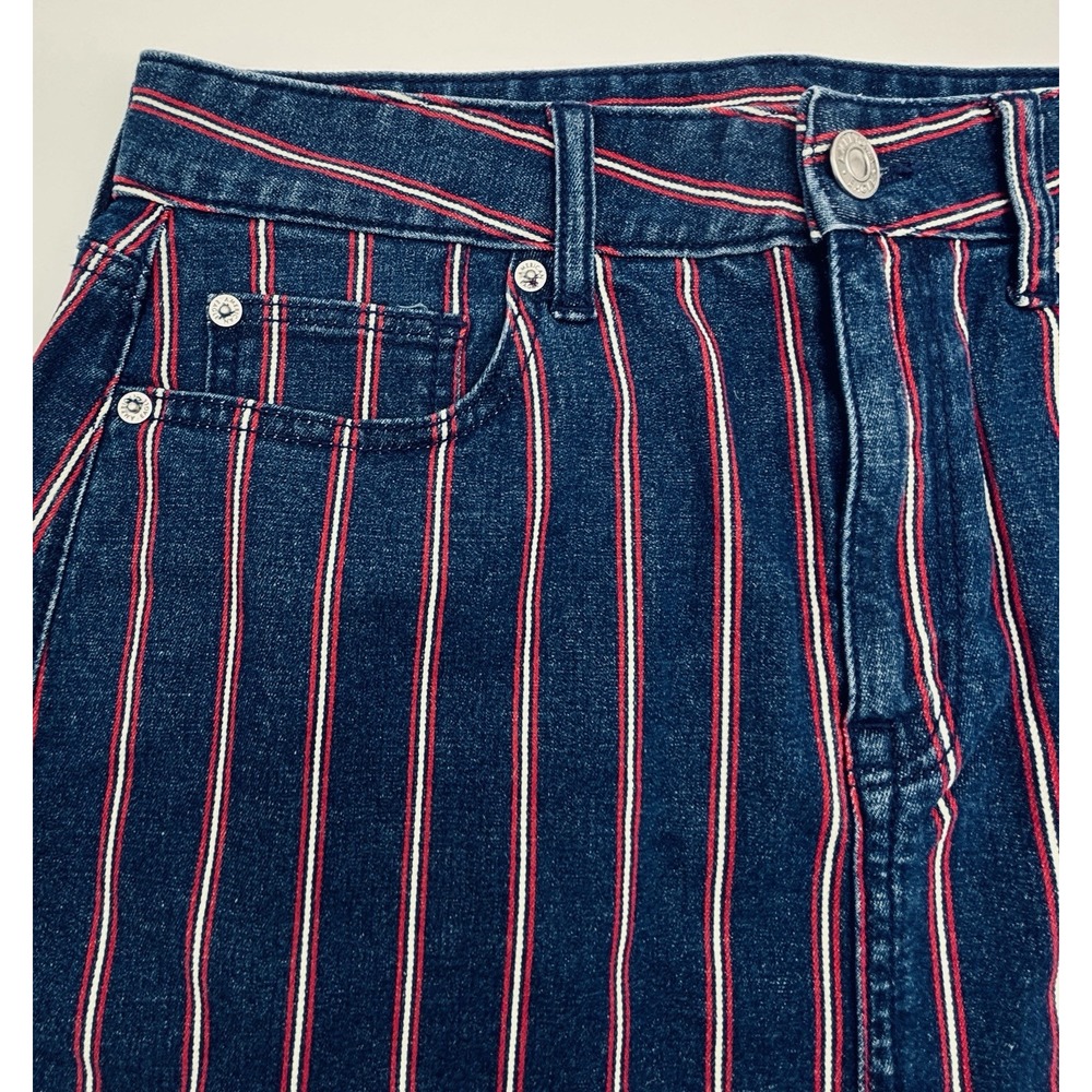 American Eagle Skirt Womens 10 Blue Red Striped Denim Jean Mini Stretch Raw Edge - Picture 4 of 10